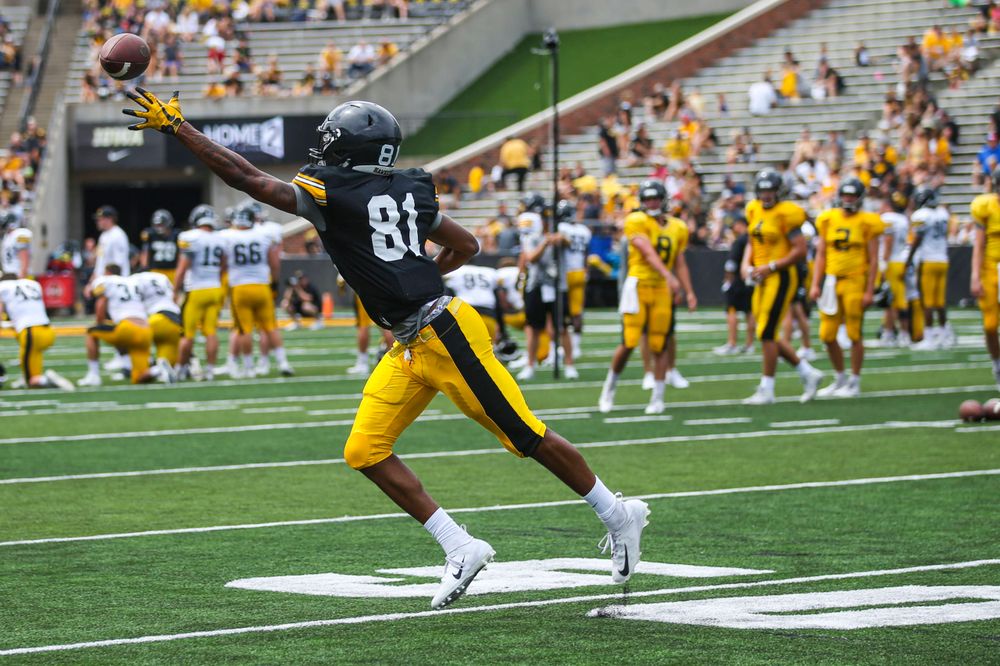 Iowa Hawkeyes wide receiver Desmond Hutson (81)during Kids Day at Kinnick Stadium on Saturday, August 10, 2019. (Lily Smith/hawkeyesports.com)