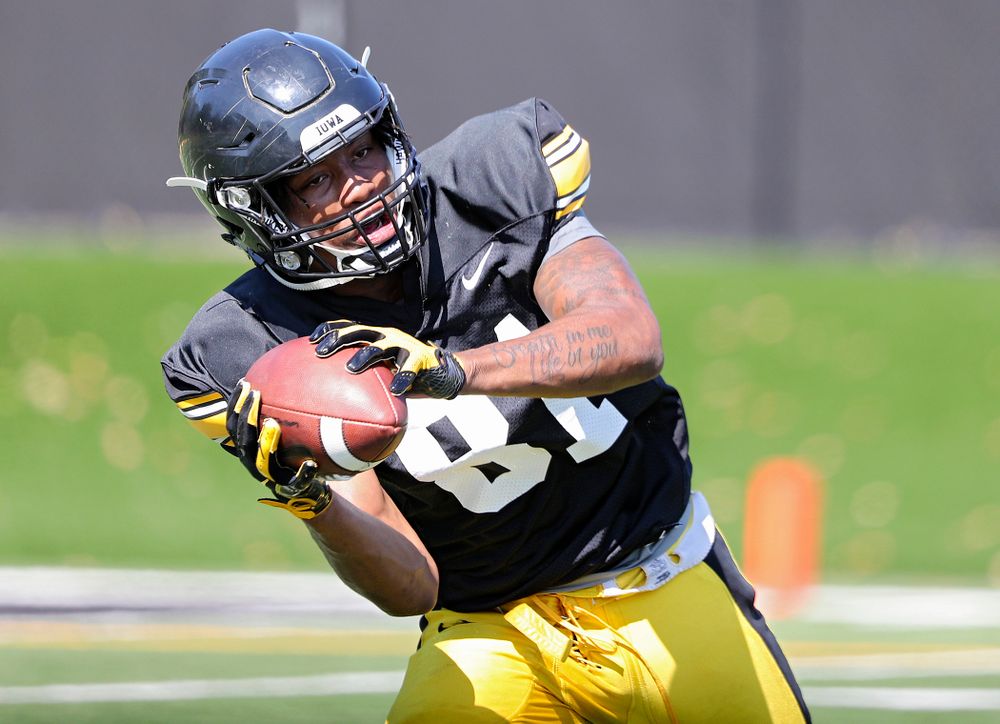 Iowa Hawkeyes wide receiver Desmond Hutson (81) pulls in a pass during Fall Camp Practice #5 at the Hansen Football Performance Center in Iowa City on Tuesday, Aug 6, 2019. (Stephen Mally/hawkeyesports.com)