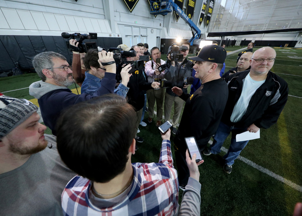 Iowa Hawkeyes head coach Rick Heller answers questions from reporters during their annual media day Thursday, February 6, 2020 at the Indoor Practice Facility. (Brian Ray/hawkeyesports.com)