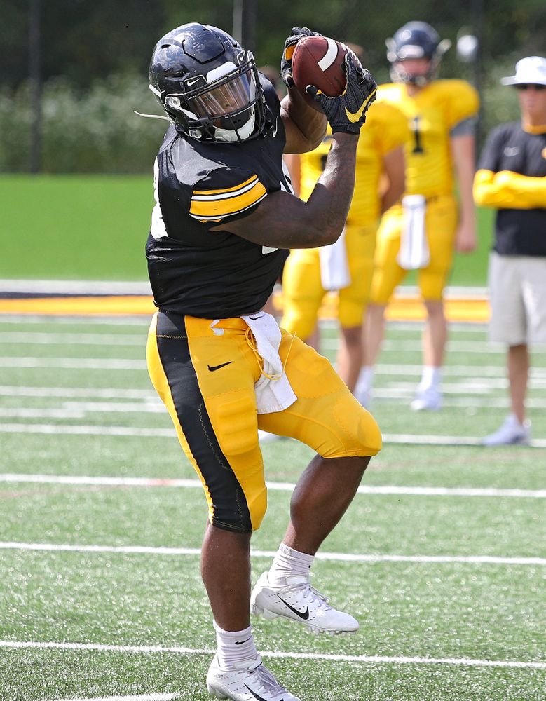 Iowa Hawkeyes running back Mekhi Sargent (10) pulls in a pass during Fall Camp Practice No. 11 at the Hansen Football Performance Center in Iowa City on Wednesday, Aug 14, 2019. (Stephen Mally/hawkeyesports.com)