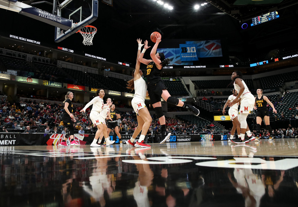 Iowa Hawkeyes forward Megan Gustafson (10) against the Maryland Terrapins in the Big Ten Championship Game Sunday, March 10, 2019 in Indianapolis, Ind. (Brian Ray/hawkeyesports.com)