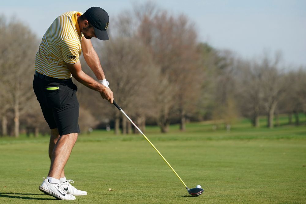Iowa's Gonzalo Leal tees off during the third round of the Hawkeye Invitational at Finkbine Golf Course in Iowa City on Sunday, Apr. 21, 2019. (Stephen Mally/hawkeyesports.com)