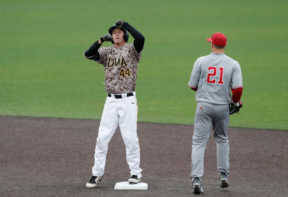 Iowa Hawkeyes outfielder Robert Neustrom (44) during a double header against the Indiana Hoosiers Friday, March 23, 2018 at Duane Banks Field. (Brian Ray/hawkeyesports.com)