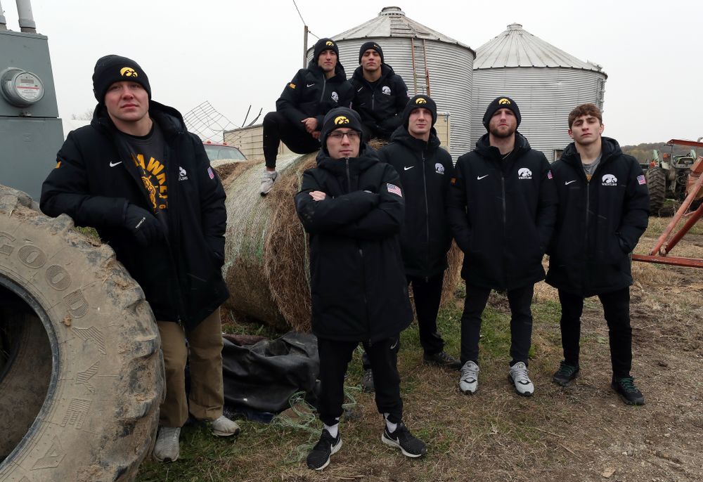 All Americans Jacob Warner, Spencer Lee, Michael Kemerer, Pat Lugo, Alex Marinelli, Austin DeSanto, and Kaleb Young pose for a photo during the teamÕs annual media day Wednesday, October 30, 2019 at Kroul Family Farms in Mount Vernon. (Brian Ray/hawkeyesports.com)