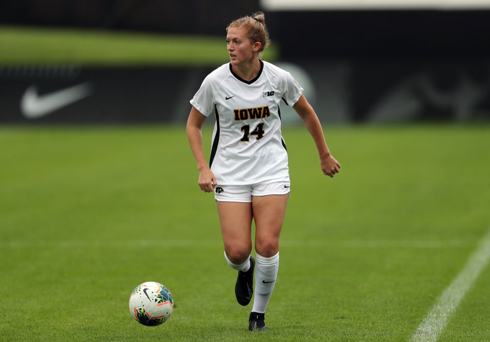 Iowa Hawkeyes defender Leah Moss (14) during a 6-1 win over Northern Iowa Sunday, August 25, 2019 at the Iowa Soccer Complex. (Brian Ray/hawkeyesports.com)