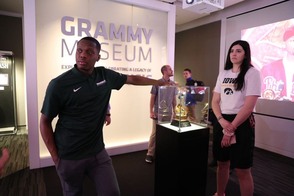 Iowa Hawkeyes forward Megan Gustafson (10) tours the Grammy Museum before the ESPN College Basketball Awards show Friday, April 12, 2019 at The Novo at LA Live.  (Brian Ray/hawkeyesports.com)
