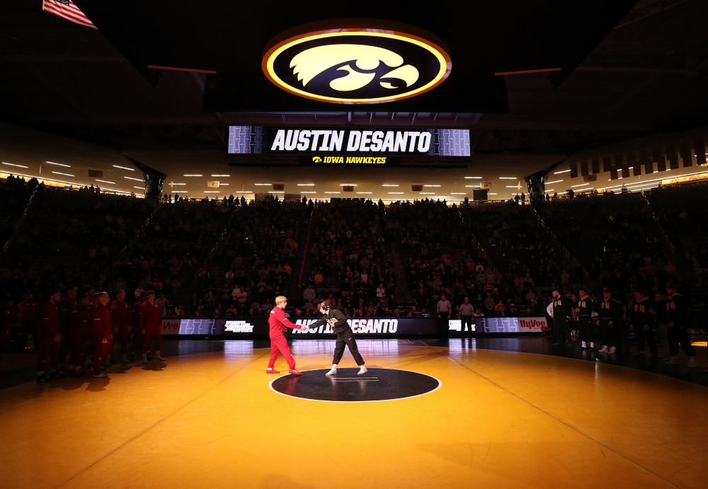 Iowa's Austin DeSanto is introduced before their meet against the Indiana Hoosiers Friday, February 15, 2019 at Carver-Hawkeye Arena. (Brian Ray/hawkeyesports.com)