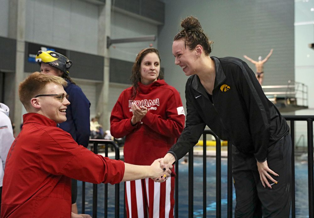 Iowa’s Allyssa Fluit on the awards stand after swimming the women’s 200 yard freestyle final event during the 2020 Women’s Big Ten Swimming and Diving Championships at the Campus Recreation and Wellness Center in Iowa City on Friday, February 21, 2020. (Stephen Mally/hawkeyesports.com)