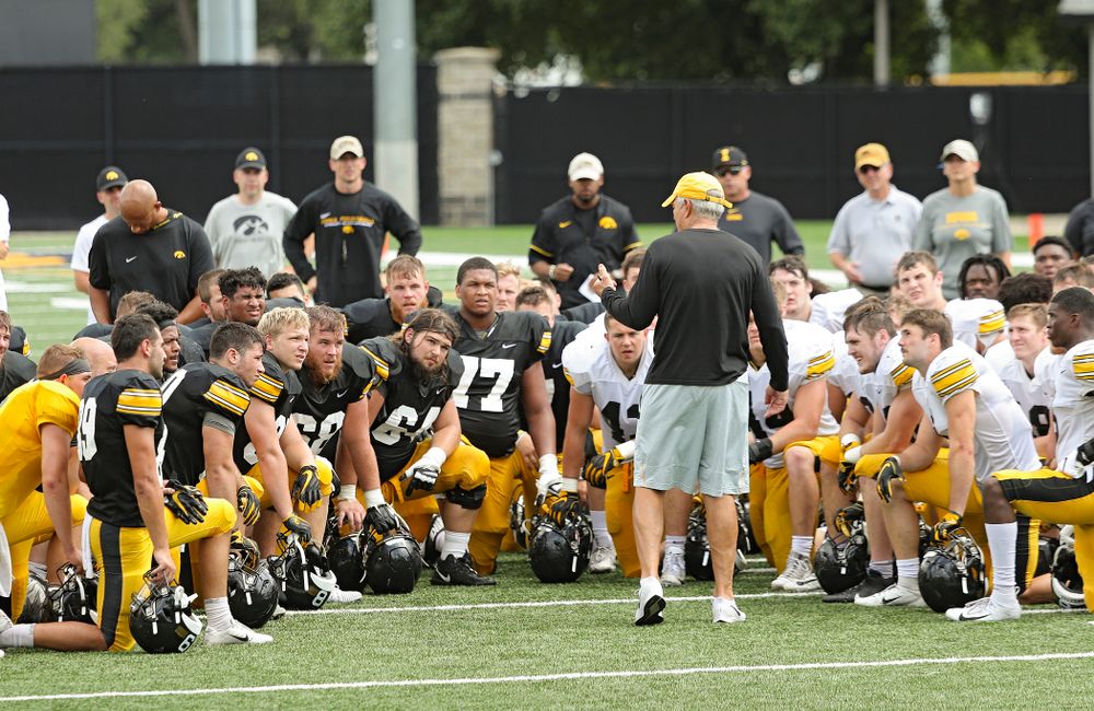 Iowa Hawkeyes head coach Kirk Ferentz talks with his team during Fall Camp Practice No. 10 at the Hansen Football Performance Center in Iowa City on Tuesday, Aug 13, 2019. (Stephen Mally/hawkeyesports.com)
