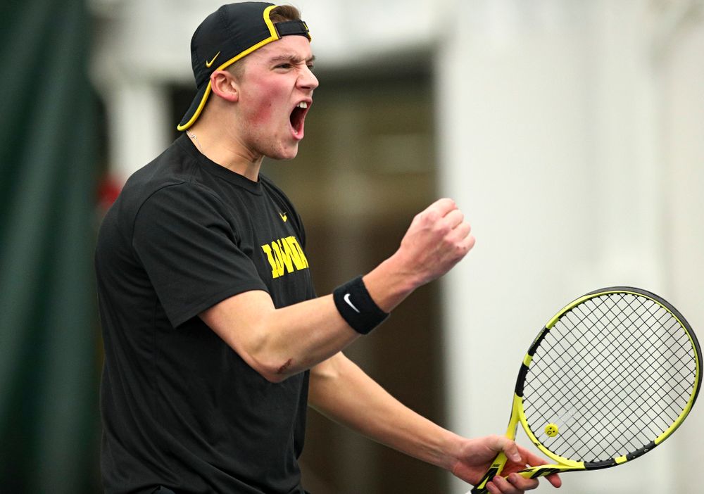 Iowa’s Joe Tyler celebrates a point during his doubles match at the Hawkeye Tennis and Recreation Complex in Iowa City on Friday, February 14, 2020. (Stephen Mally/hawkeyesports.com)