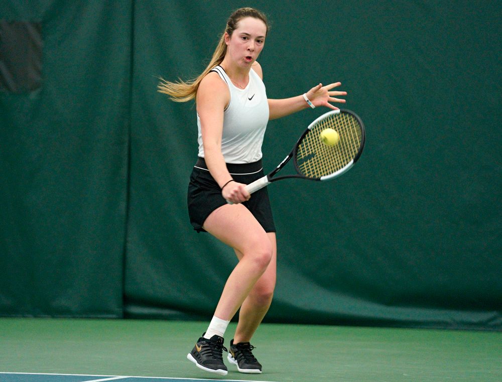 Iowa’s Samantha Mannix returns a shot during her doubles match at the Hawkeye Tennis and Recreation Complex in Iowa City on Sunday, February 16, 2020. (Stephen Mally/hawkeyesports.com)