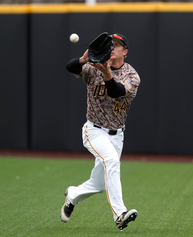 Iowa Hawkeyes outfielder Robert Neustrom (44) during a double header against the Indiana Hoosiers Friday, March 23, 2018 at Duane Banks Field. (Brian Ray/hawkeyesports.com)