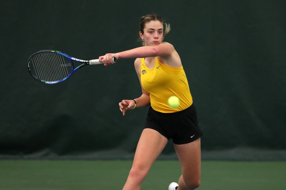 Iowa's Sophie Clark against the Iowa State Cyclones Friday, February 8, 2019 at the Hawkeye Tennis and Recreation Complex. (Brian Ray/hawkeyesports.com)