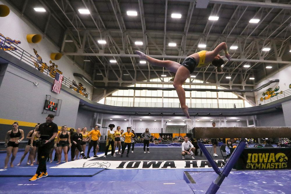 Maddie Kampschroeder performs on the beam during the Iowa women’s gymnastics Black and Gold Intraquad Meet on Saturday, December 7, 2019 at the UI Field House. (Lily Smith/hawkeyesports.com)