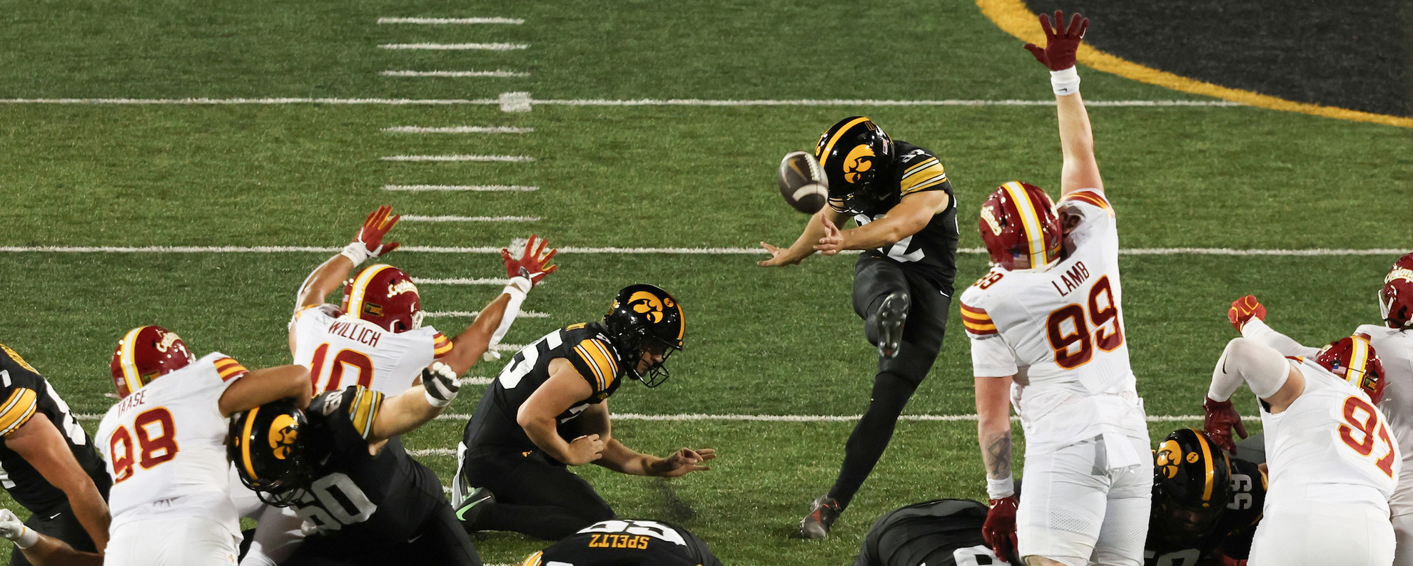 Caden Buhr connects on a game-winning field goal against Iowa State.