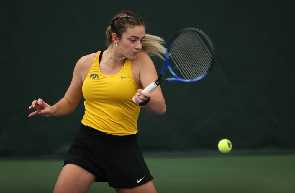Iowa's Sophie Clark plays a doubles match against Xavier Friday, January 18, 2019 at the Hawkeye Tennis and Recreation Center. (Brian Ray/hawkeyesports.com)