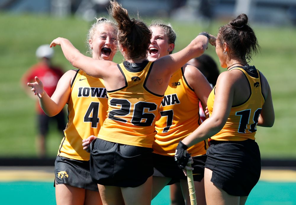 Iowa Hawkeyes Maddy Murphy (26) celebrates with Makenna Grewe (4) and Ellie Holley (7) after scoring against Indiana Sunday, September 16, 2018 at Grant Field. (Brian Ray/hawkeyesports.com)