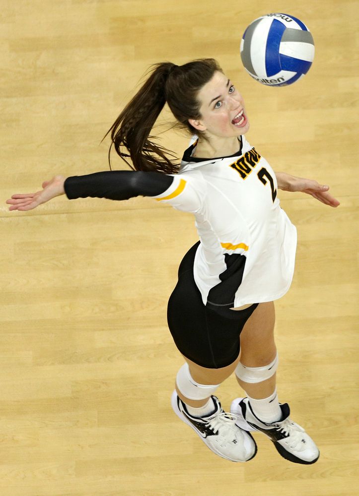 Iowa’s Courtney Buzzerio (2) lines up a shot during the third set of their match at Carver-Hawkeye Arena in Iowa City on Saturday, Nov 30, 2019. (Stephen Mally/hawkeyesports.com)