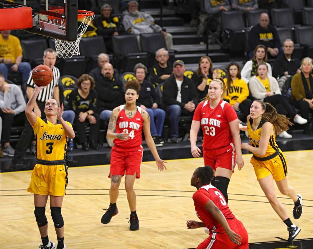 Iowa Hawkeyes guard Makenzie Meyer (3) scores a basket during the third quarter of their game at Carver-Hawkeye Arena in Iowa City on Thursday, January 23, 2020. (Stephen Mally/hawkeyesports.com)