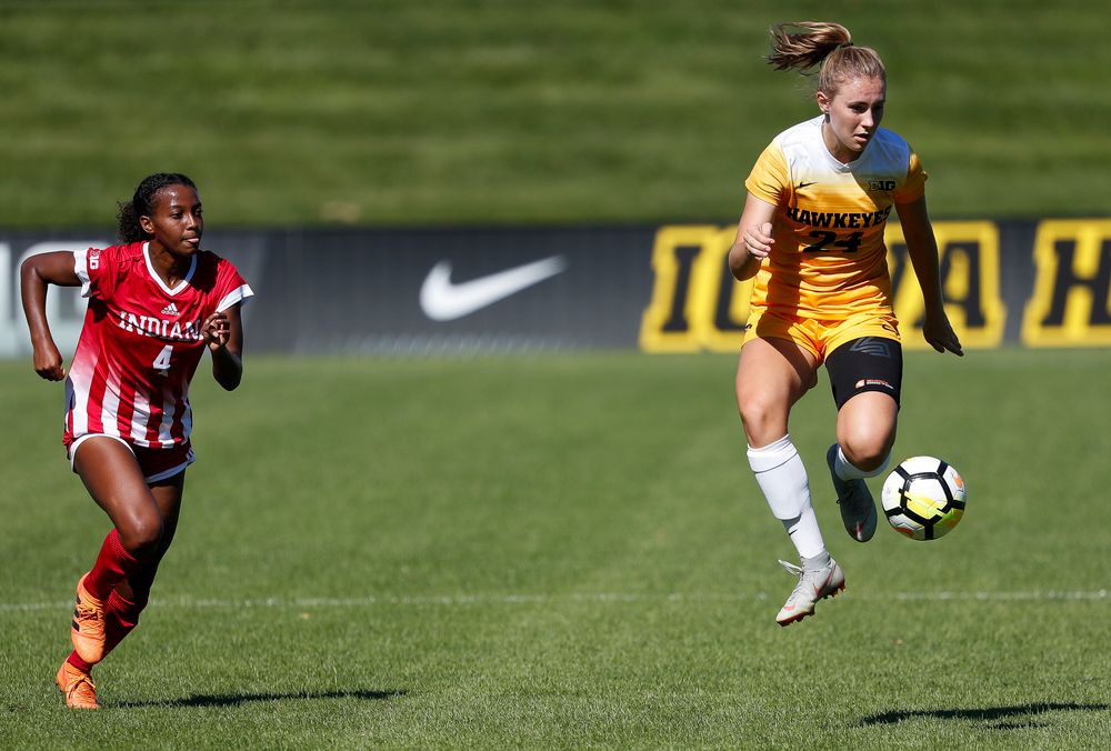 Iowa Hawkeyes defender Sara Wheaton (24) dribbles the ball during a game against Indiana at the Iowa Soccer Complex on September 23, 2018. (Tork Mason/hawkeyesports.com)