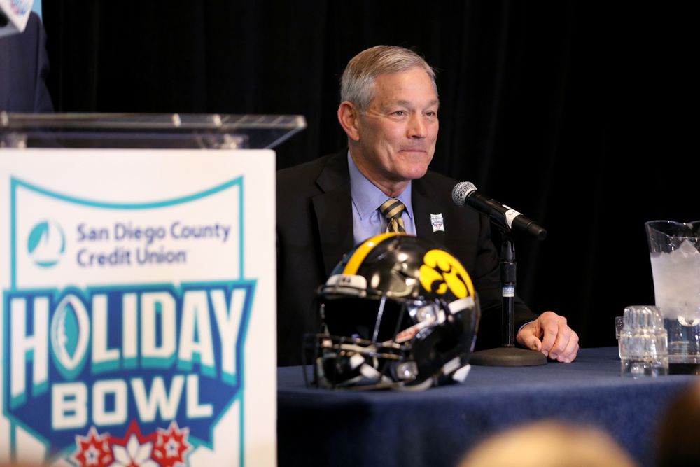 Iowa Hawkeyes head coach Kirk Ferentz smiles during a press conference leading up to the Holiday Bowl Thursday, December 26, 2019 in San Diego. (Brian Ray/hawkeyesports.com)