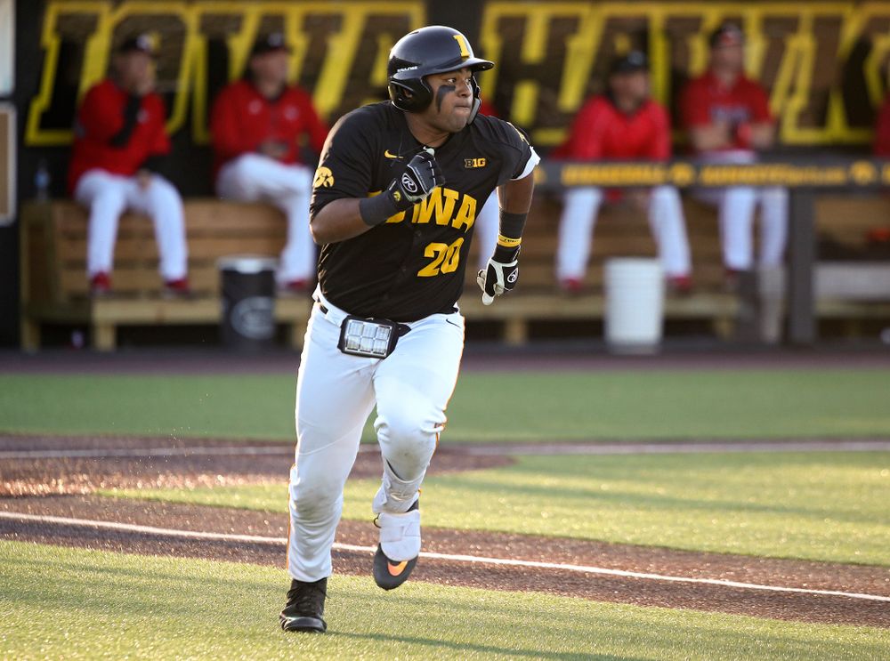 Iowa infielder Izaya Fullard (20) runs after hitting a triple during the third inning of their game at Duane Banks Field in Iowa City on Tuesday, March 3, 2020. (Stephen Mally/hawkeyesports.com)