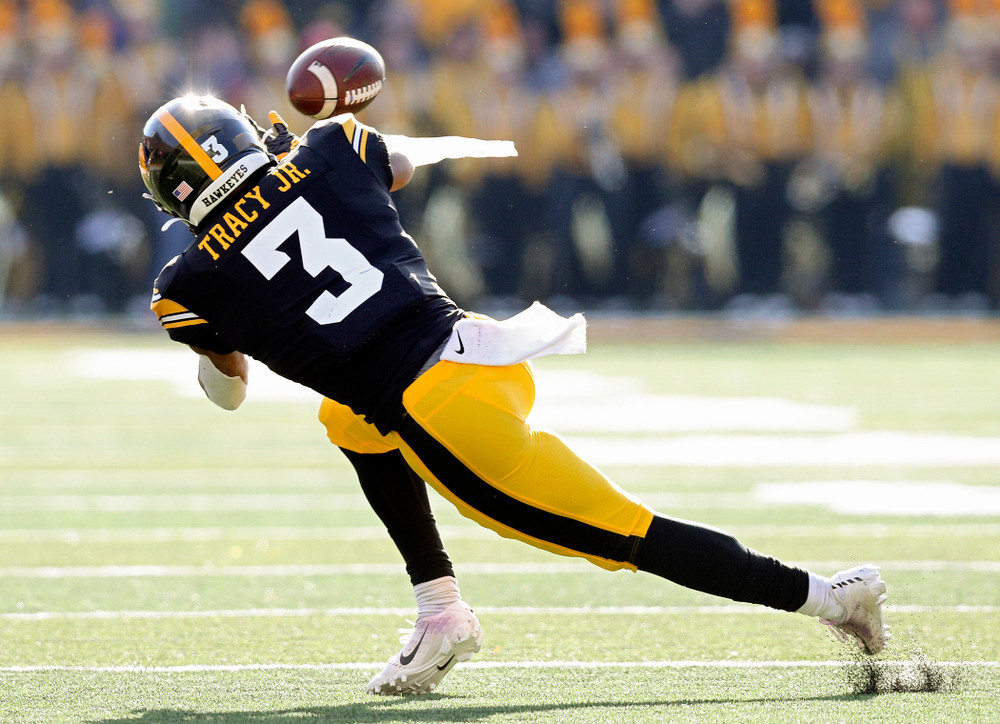 Iowa Hawkeyes wide receiver Tyrone Tracy Jr. (3) pulls in a pass during the second quarter of their game at Kinnick Stadium in Iowa City on Saturday, Nov 23, 2019. (Stephen Mally/hawkeyesports.com)