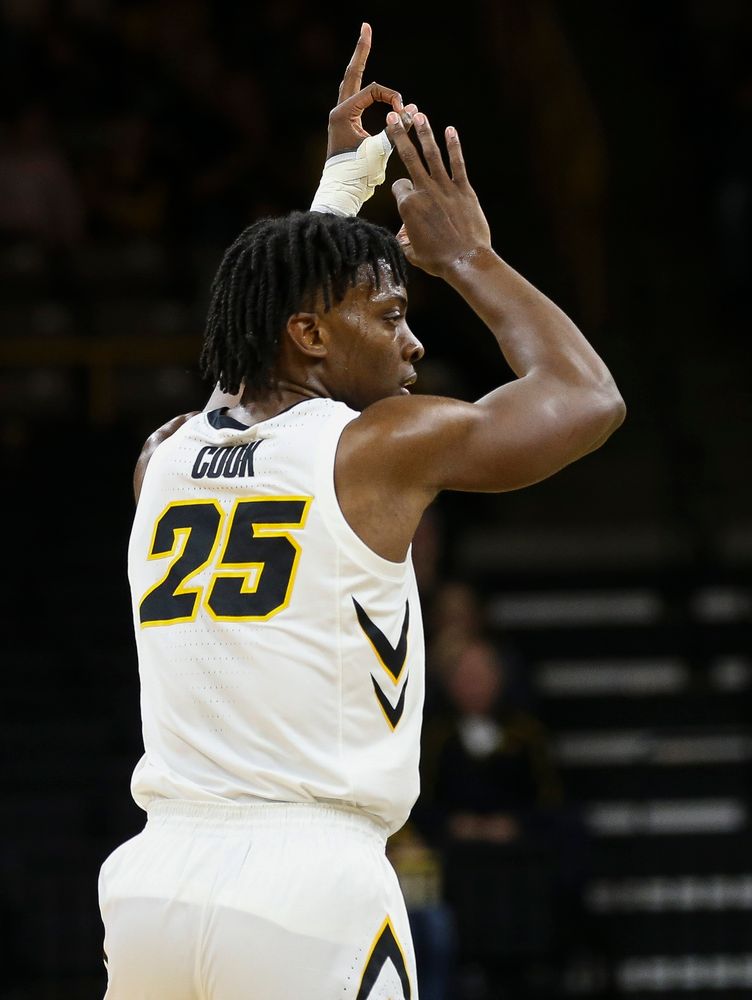 Iowa Hawkeyes forward Tyler Cook (25) reacts after hitting a 3-pointer during a game against Guilford College at Carver-Hawkeye Arena on November 4, 2018. (Tork Mason/hawkeyesports.com)