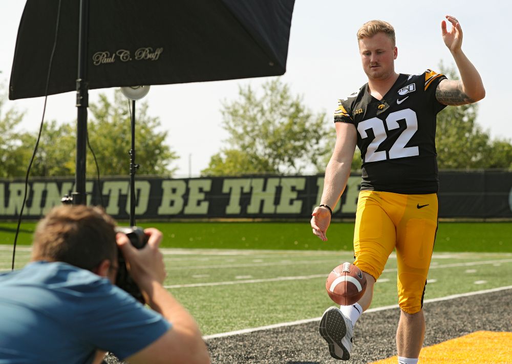 Iowa Hawkeyes punter Michael Sleep-Dalton (22) poses for a picture during Iowa Football Media Day at the Hansen Football Performance Center in Iowa City on Friday, Aug 9, 2019. (Stephen Mally/hawkeyesports.com)