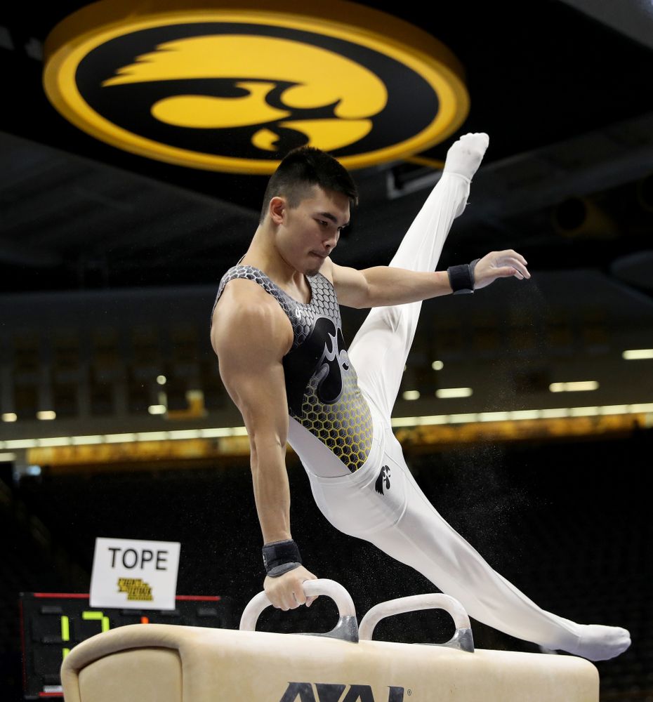 Iowa’s Addison Chung competes on the Pommel Horse against UIC and Minnesota Saturday, February 1, 2020 at Carver-Hawkeye Arena. (Brian Ray/hawkeyesports.com)