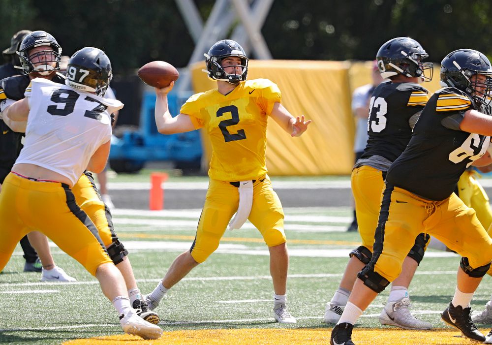 Iowa Hawkeyes quarterback Peyton Mansell (2) throws during Fall Camp Practice #5 at the Hansen Football Performance Center in Iowa City on Tuesday, Aug 6, 2019. (Stephen Mally/hawkeyesports.com)