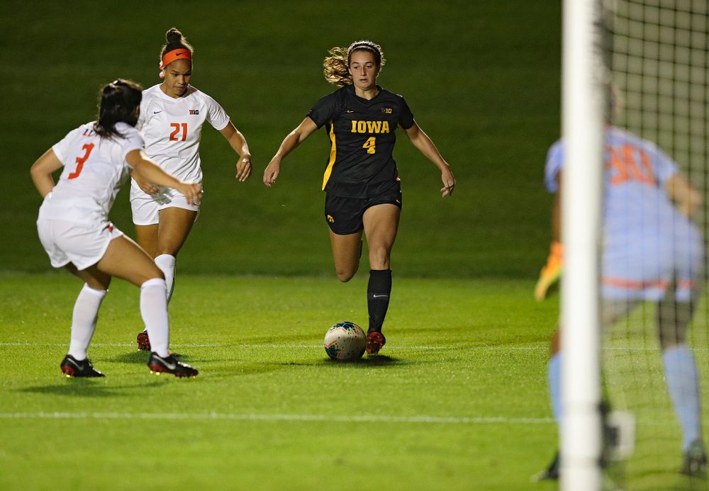 Iowa forward Kaleigh Haus (4) moves with the ball during the second half of their match against Illinois at the Iowa Soccer Complex in Iowa City on Thursday, Sep 26, 2019. (Stephen Mally/hawkeyesports.com)