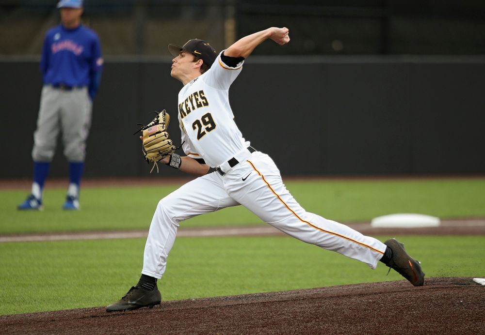 Iowa pitcher Ben Beutel (29) delivers to the plate during the first inning of their college baseball game at Duane Banks Field in Iowa City on Wednesday, March 11, 2020. (Stephen Mally/hawkeyesports.com)