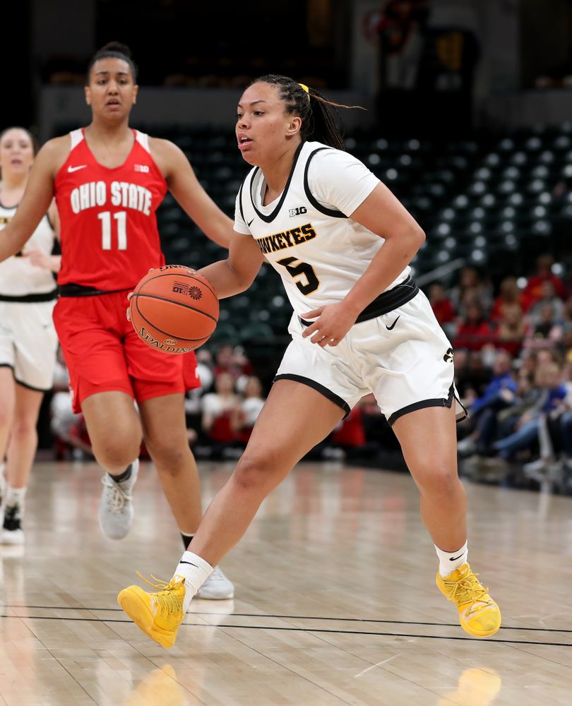 Iowa Hawkeyes guard Alexis Sevillian (5) against Ohio State in the quarterfinals of the Big Ten Basketball Tournament Friday, March 6, 2020 at Bankers Life Fieldhouse in Indianapolis. (Brian Ray/hawkeyesports.com)