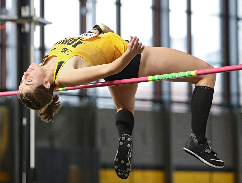 Iowa’s Aubrianna Lantrip competes in the women’s high jump event during the Jimmy Grant Invitational at the Recreation Building in Iowa City on Saturday, December 14, 2019. (Stephen Mally/hawkeyesports.com)