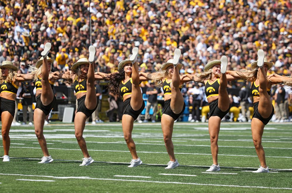 The Iowa Dance team performs during the third quarter of their Big Ten Conference football game at Kinnick Stadium in Iowa City on Saturday, Sep 7, 2019. (Stephen Mally/hawkeyesports.com)