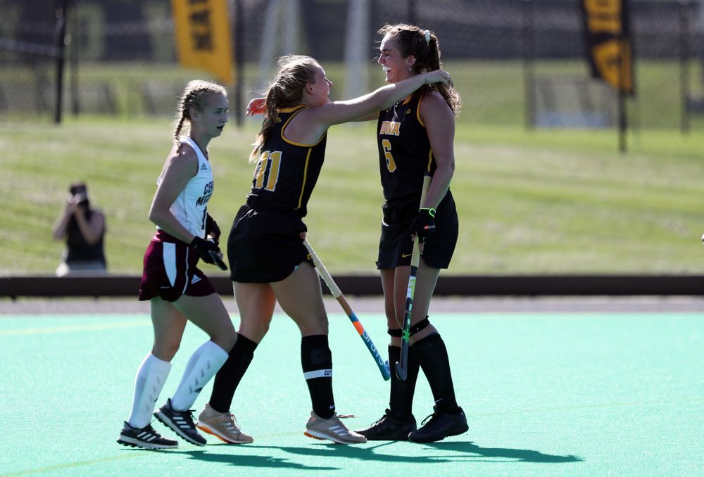 Iowa Hawkeyes defenseman Anthe Nijziel (6) and Katie Birch (11) celebrate a goal against Central Michigan Friday, September 6, 2019 at Grant Field. The Hawkeyes won the game 11-0. (Brian Ray/hawkeyesports.com)