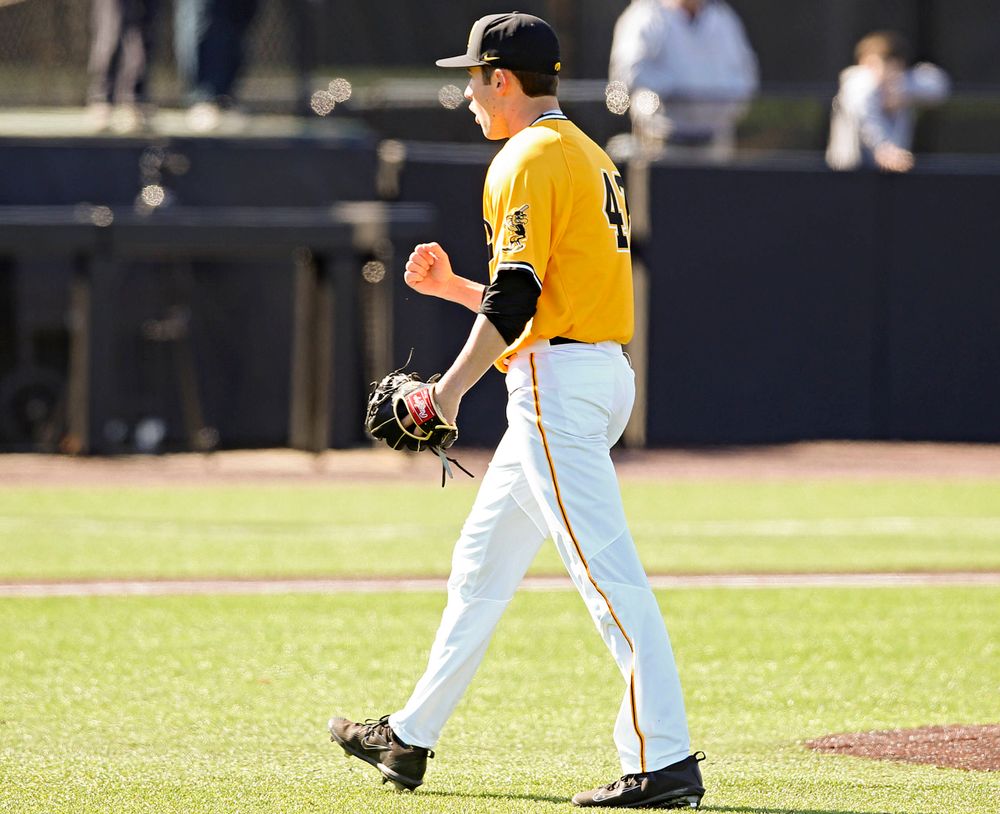 Iowa Hawkeyes pitcher Grant Leonard (43) celebrates after winning their game against Illinois at Duane Banks Field in Iowa City on Sunday, Mar. 31, 2019. (Stephen Mally/hawkeyesports.com)