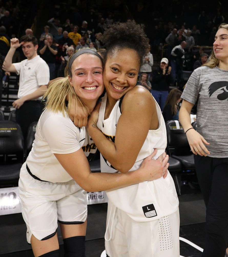Iowa Hawkeyes guard Makenzie Meyer (3) and guard Tania Davis (11) against the Michigan Wolverines Thursday, January 17, 2019 at Carver-Hawkeye Arena. (Brian Ray/hawkeyesports.com)