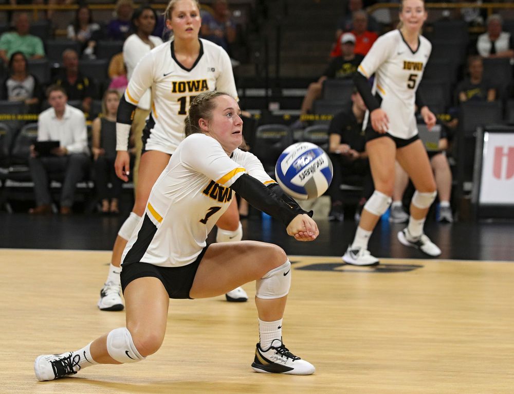 Iowa’s Joslyn Boyer (1) gets a dig during their Big Ten/Pac-12 Challenge match at Carver-Hawkeye Arena in Iowa City on Saturday, Sep 7, 2019. (Stephen Mally/hawkeyesports.com)