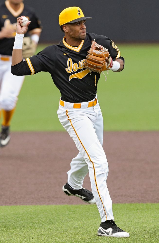 Iowa Hawkeyes third baseman Lorenzo Elion (1) throws to first for an out during the fourth inning of their game against Illinois State at Duane Banks Field in Iowa City on Wednesday, Apr. 3, 2019. (Stephen Mally/hawkeyesports.com)
