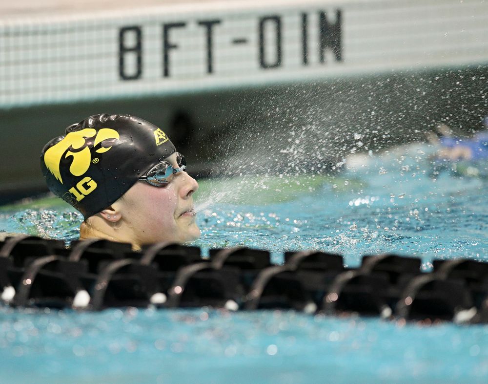 Iowa’s Hannah Burvill blows water out of her mouth after swimming the women’s 100 yard freestyle consolation final event during the 2020 Women’s Big Ten Swimming and Diving Championships at the Campus Recreation and Wellness Center in Iowa City on Saturday, February 22, 2020. (Stephen Mally/hawkeyesports.com)