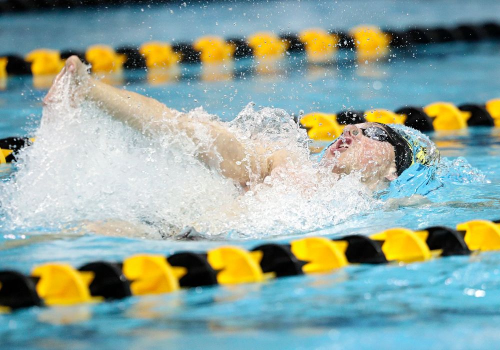 Iowa’s John Colin swims the backstroke section of the men’s 200-yard medley relay event during their meet against Michigan State and Northern Iowa at the Campus Recreation and Wellness Center in Iowa City on Friday, Oct 4, 2019. (Stephen Mally/hawkeyesports.com)