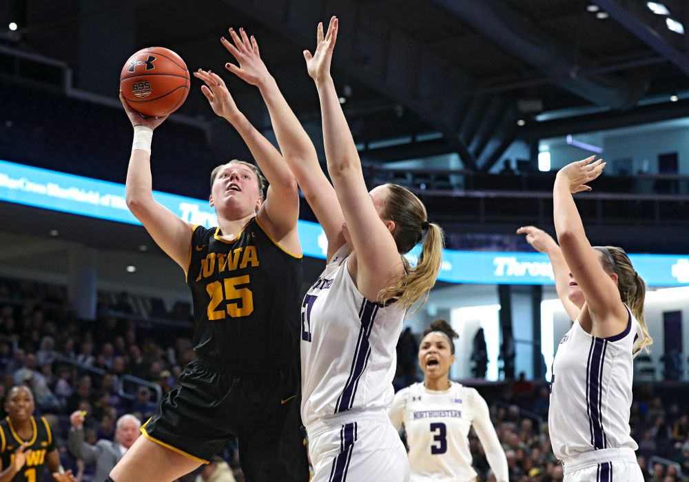 Iowa Hawkeyes forward Monika Czinano (25) shoots during the second quarter of their game at Welsh-Ryan Arena in Evanston, Ill. on Sunday, January 5, 2020. (Stephen Mally/hawkeyesports.com)