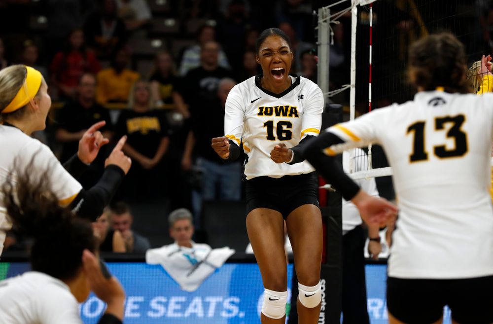 Iowa Hawkeyes outside hitter Taylor Louis (16) against the Michigan Wolverines Sunday, September 23, 2018 at Carver-Hawkeye Arena. (Brian Ray/hawkeyesports.com)