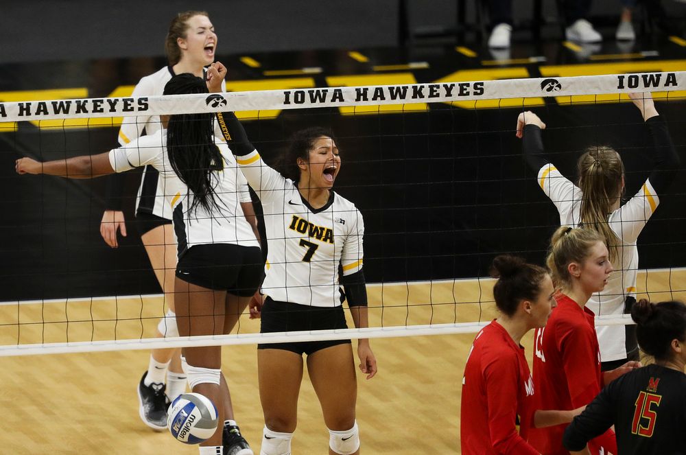 Iowa Hawkeyes setter Brie Orr (7) celebrates after winning a point during a match against Maryland at Carver-Hawkeye Arena on November 23, 2018. (Tork Mason/hawkeyesports.com)