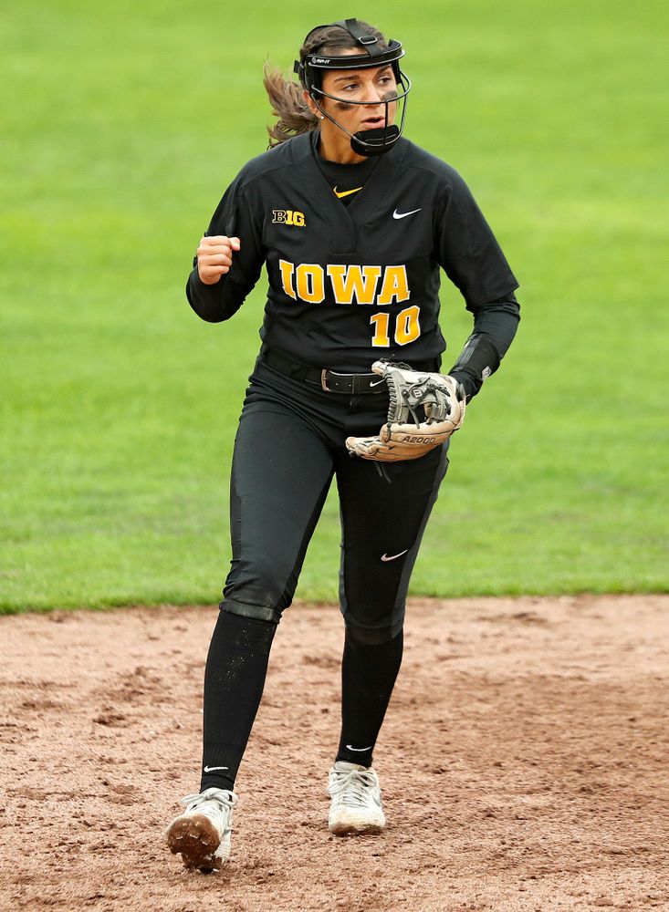 Iowa infielder Nicole Yoder (10) pumps her fist after a strikeout to end the top of the seventh inning of their game against Iowa Softball vs Indian Hills Community College at Pearl Field in Iowa City on Sunday, Oct 6, 2019. (Stephen Mally/hawkeyesports.com)