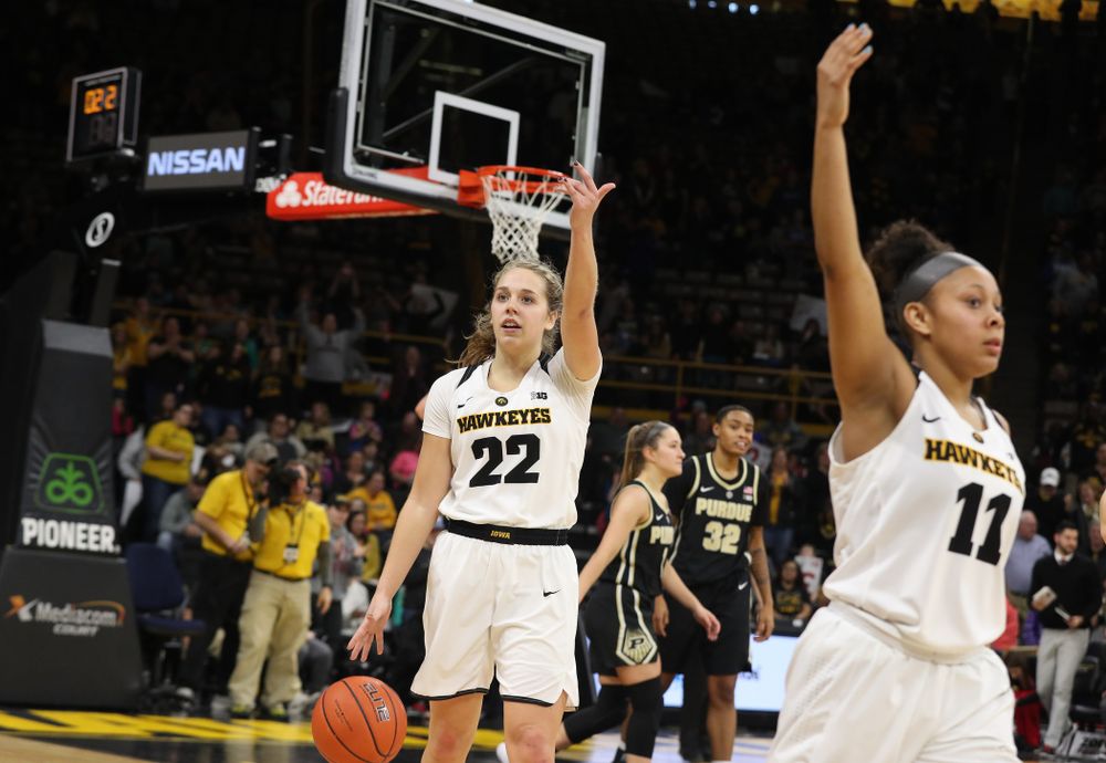 Iowa Hawkeyes guard Kathleen Doyle (22) celebrates their win against the Purdue Boilermakers Sunday, January 27, 2019 at Carver-Hawkeye Arena. (Brian Ray/hawkeyesports.com)