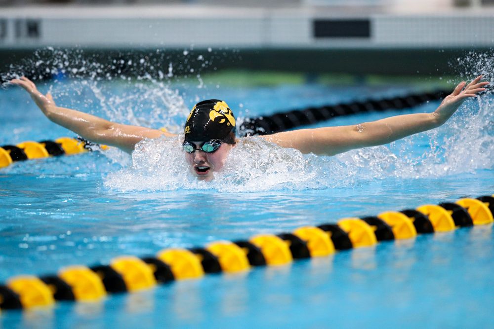 Iowa’s Hannah Burvill swims the women’s 200 yard butterfly event during their meet at the Campus Recreation and Wellness Center in Iowa City on Friday, February 7, 2020. (Stephen Mally/hawkeyesports.com)