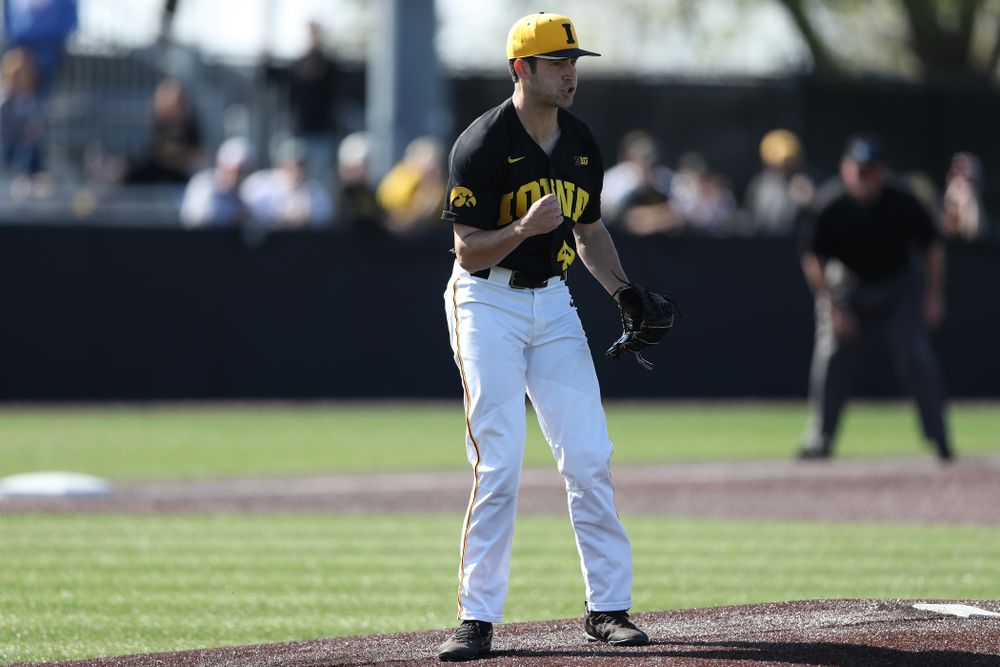 Iowa Hawkeyes Grant Leonard (43) reacts after getting the final out during game two against UC Irvine Saturday, May 4, 2019 at Duane Banks Field. (Brian Ray/hawkeyesports.com)